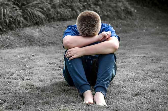 rear view of a boy sitting on grassland